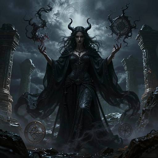 Dark fantasy digital artwork of a horned, witch-like figure in black robes, casting magic with swirling, bloodied orbs under a stormy, moon