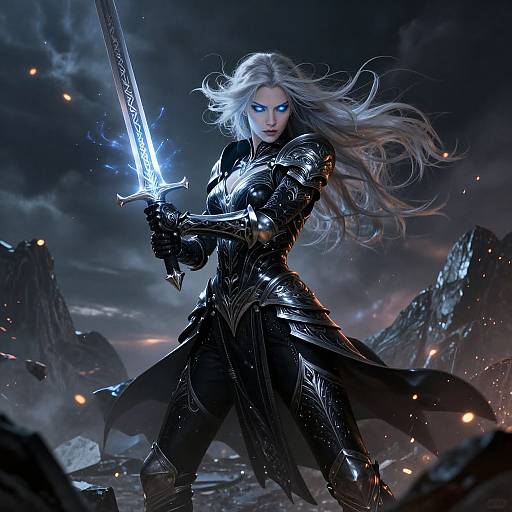 Digital art of a fierce, silver-haired woman in black, glowing-ember-studded armor, wielding a radiant, icy sword in a dark, mountain