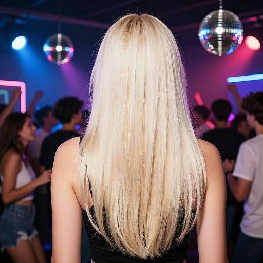 Photograph of a blonde woman with straight, long hair facing away in a dimly lit nightclub, surrounded by dancing people and colorful neon lights with a