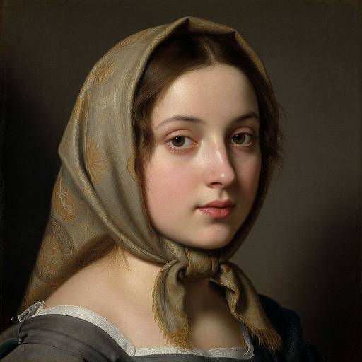 Photorealistic portrait of a young Caucasian woman with fair skin, brown eyes, and brown hair, wearing a patterned headscarf and dark dress