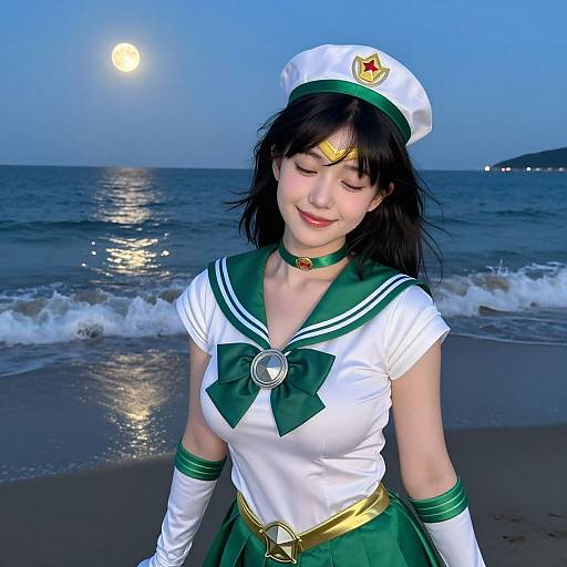 Photograph of an Asian woman in a Sailor Moon cosplay, white sailor uniform, green accents, white hat, moonlit beach, ocean waves.