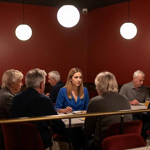 Blonde Woman in Dim Red Restaurant