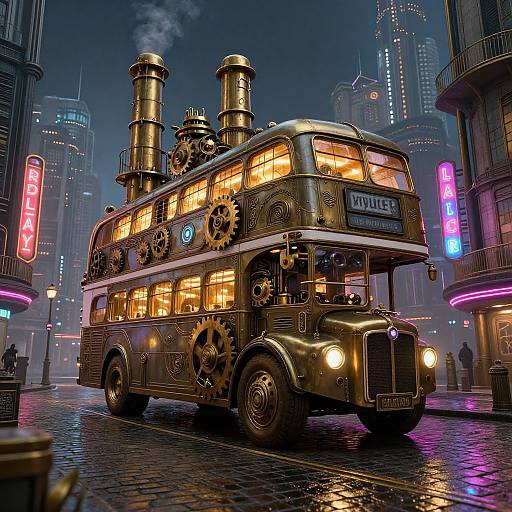 Steampunk-style double-decker bus with glowing yellow lights, gears, and brass cylinders, driving through a neon-lit, futuristic city street at