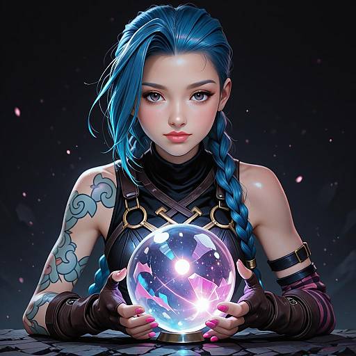 Digital art: Blue-haired, tattooed woman with braided hair, black leather armor, holding glowing crystal orb, dark background, intense gaze.