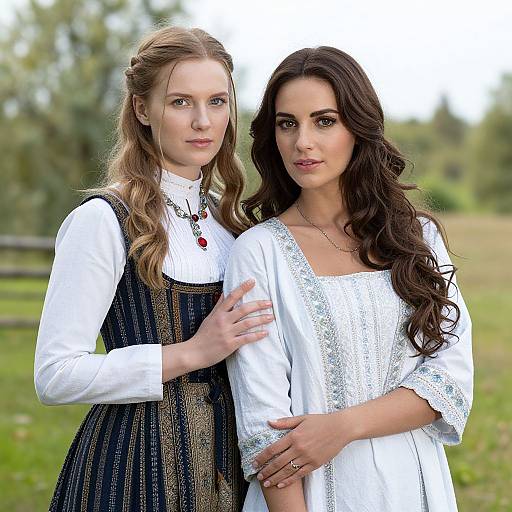 Photograph of two women standing close, one with wavy blonde hair in a medieval-style dress, the other with dark curly hair in a white lace