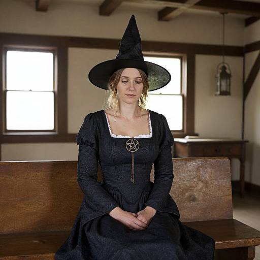 Photograph of a blonde woman in a black witch costume with a pointed hat, sitting on a wooden bench in a dimly lit room with wooden beams