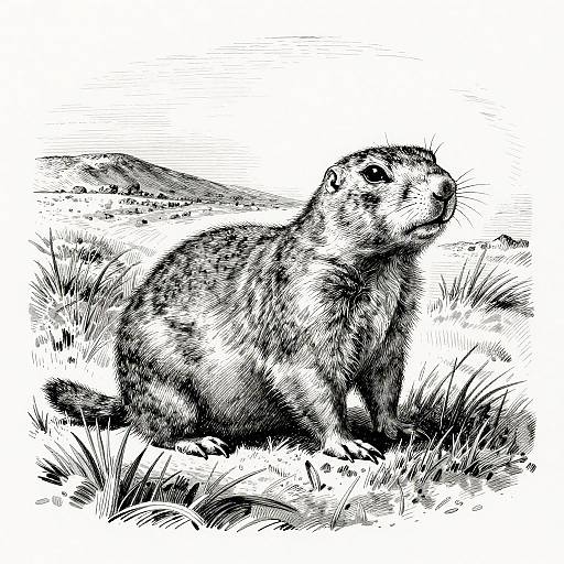 Engraving of Prairie Dog in Grassy Plain