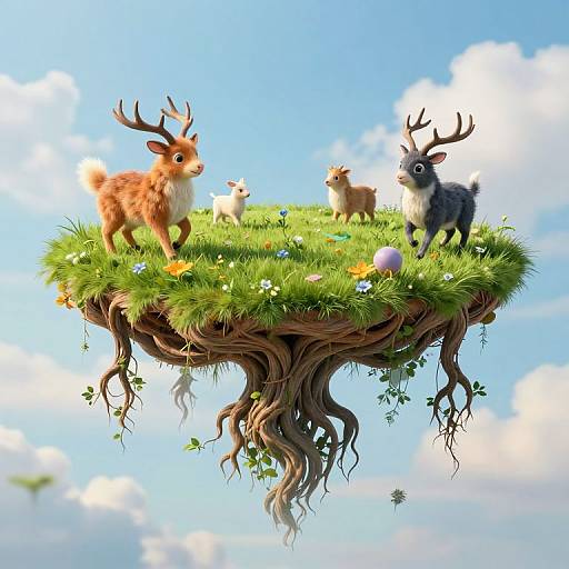 Digital illustration of five whimsical, antlered deer standing on a floating, grassy island with colorful flowers and Easter eggs, set against a bright