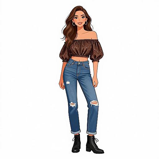 Digital illustration of a stylish woman with long brown hair, off-shoulder brown top, ripped blue jeans, and black ankle boots.