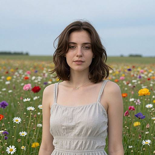 Young woman with wavy brown hair, wearing a white sleeveless dress, stands in a vibrant field of colorful wildflowers under a clear sky. Phot
