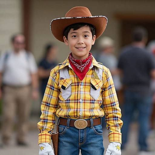 Photograph of a smiling young boy in a brown cowboy hat, yellow plaid shirt, red bandana, blue jeans, and white gloves, standing