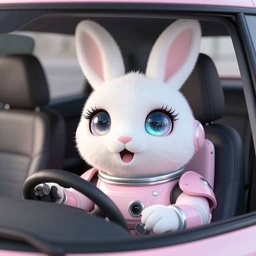 Realistic Rabbit Robot Astronaut in Car