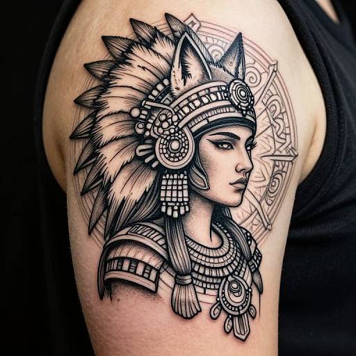 Black and gray tattoo of a Native American woman with a detailed headdress, intricate jewelry, and a serene expression on a muscular arm. Photorealistic