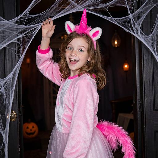 Playful Teen in Pink Unicorn Costume