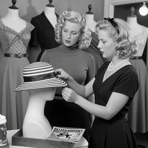 Vintage Dress Shop with Two Women Adjusting Hat