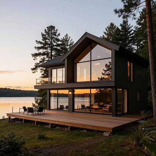 Modern Three-Story Lake House Sunset