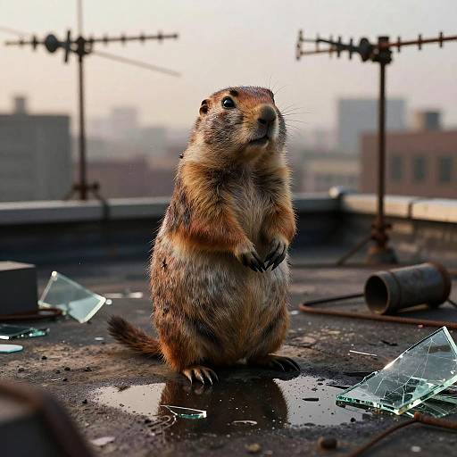 Photograph of a curious groundhog standing on a rainy rooftop, surrounded by broken glass, cables, and cityscape in the background.