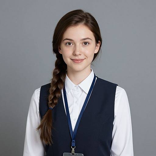 Photograph of a young woman with fair skin, brown hair in a braid, wearing a white shirt and black vest, gray background.