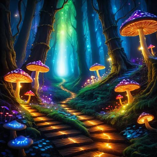 Fantasy Forest Pathway with Glowing Mushrooms