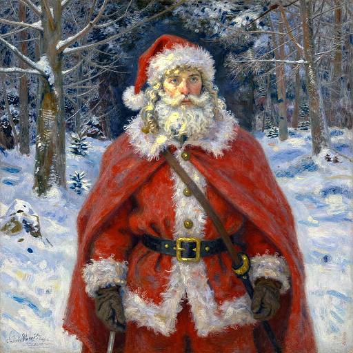 Painting of Santa Claus in a red cloak with white trim, black belt, and gloves, standing in a snowy forest. Brightly lit face,