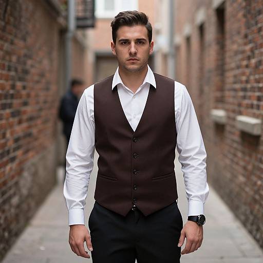 Photograph of a handsome, serious young man with short dark hair, wearing a white shirt and black vest, standing in a narrow, brick alleyway