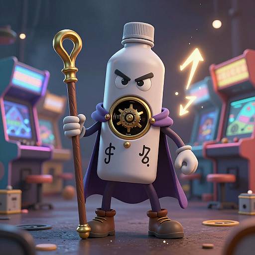 Anthropomorphic Water Bottle Wizard in Arcade