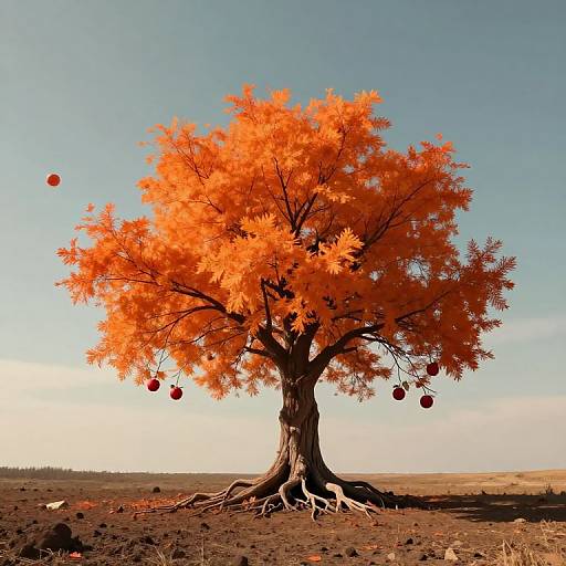 Photograph of a vibrant orange-leaved tree with hanging red apples, rooted in dry, rocky soil, under a clear blue sky.