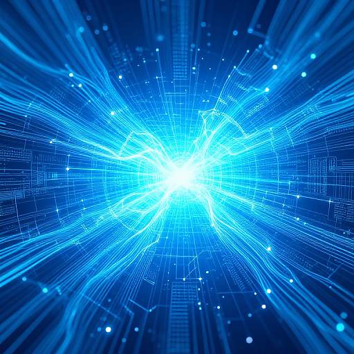 Digital artwork of a bright, radiant blue light burst surrounded by glowing lines, dots, and grid patterns on a dark blue background.