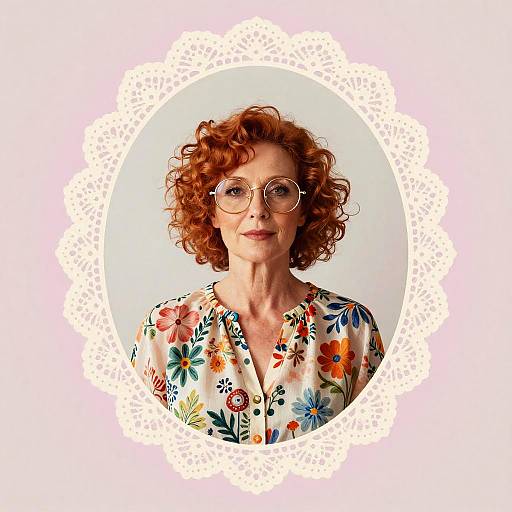 Photograph of an elderly woman with curly red hair, round glasses, and floral blouse, framed by a white lace circle.