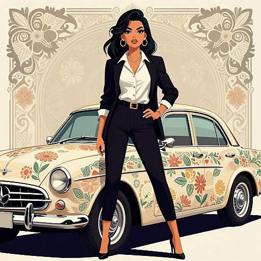 Digital illustration: Confident woman with dark hair, hoop earrings, white blouse, black blazer, and pants, stands beside a floral-patterned vintage