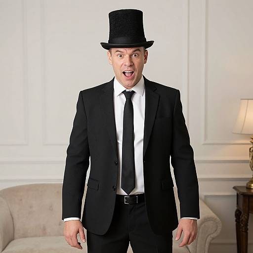 Photograph of a Caucasian man in a black suit, tie, and top hat, standing in a bright room with white walls, beige sofa, and