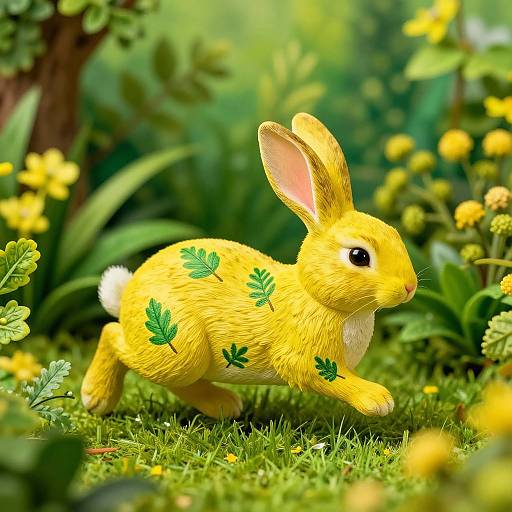 Photorealistic digital art of a vibrant yellow rabbit with green leaf patterns, leaping through a lush, yellow-flowered meadow.