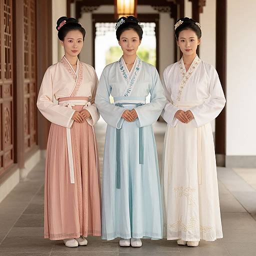 Photograph of three Asian women in traditional Korean hanbok dresses, standing in a wooden hallway; pastel pink, light blue, and white garments
