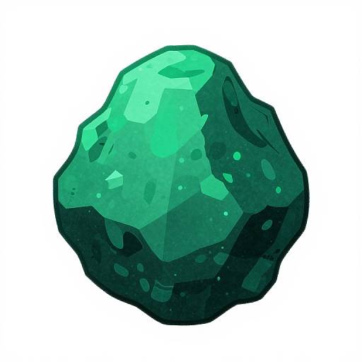 Digital illustration of a green, faceted crystal rock with dark green and teal hues, displaying a polygonal, geometric texture on a white background.