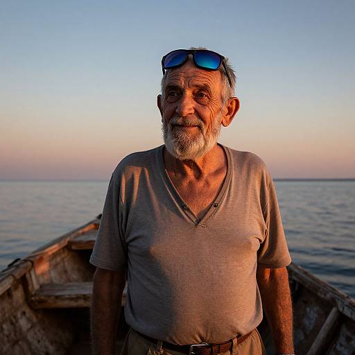 Photograph of an elderly man with gray beard and hair, wearing a gray V-neck shirt, blue sunglasses on head, standing in a wooden boat at