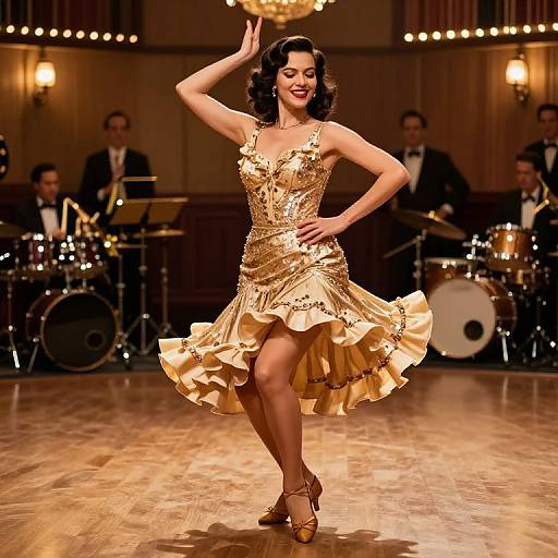 Photograph of a smiling, dark-haired woman dancing in a golden, floral-embellished dress on a wooden stage, with a jazz band in