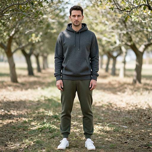 Photograph of a serious, short-haired man in a dark grey hoodie, olive pants, and white sneakers, standing in a sunlit, tree-lined