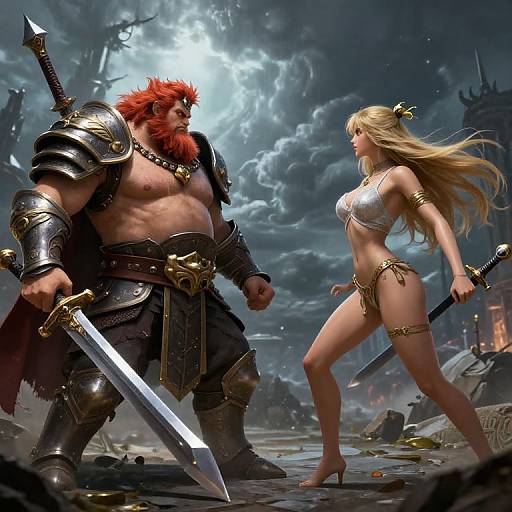 Digital fantasy artwork of a muscular red-bearded warrior in armor facing a slender, blonde warrior woman in a white bikini and gold accessories, both holding swords
