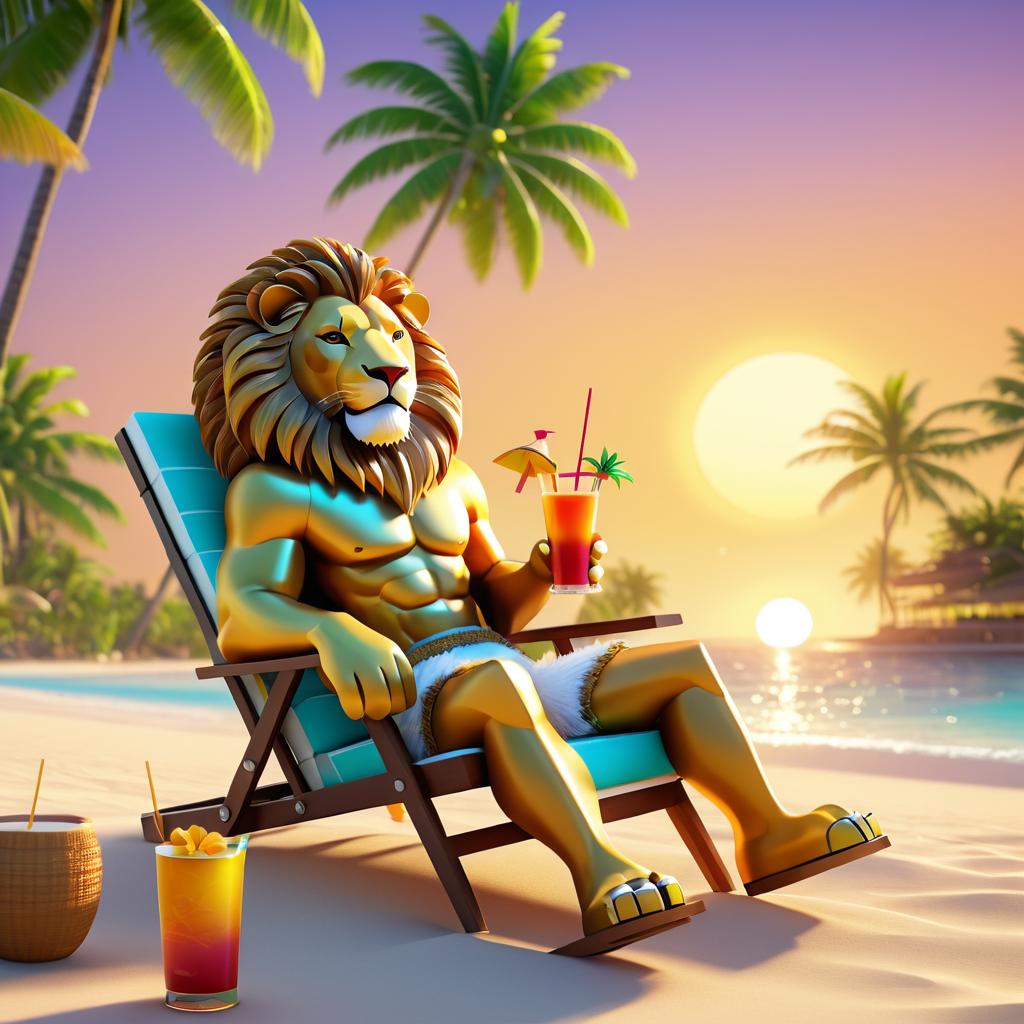 Happy Lion Relaxing at Tropical Beach