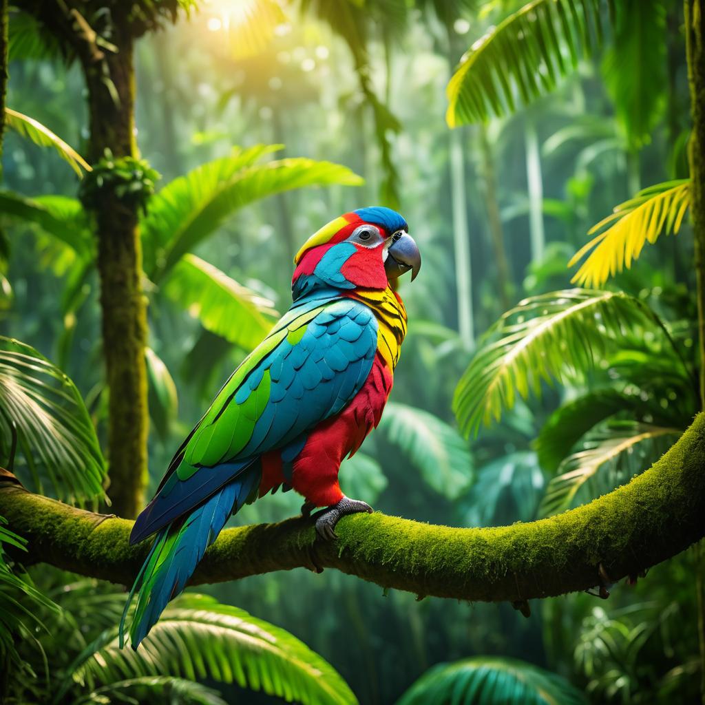 Vibrant Parrot in Steampunk Rainforest Scene