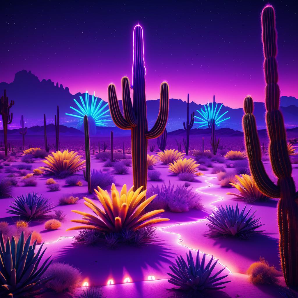 Neon Desert Night with Glowing Cacti