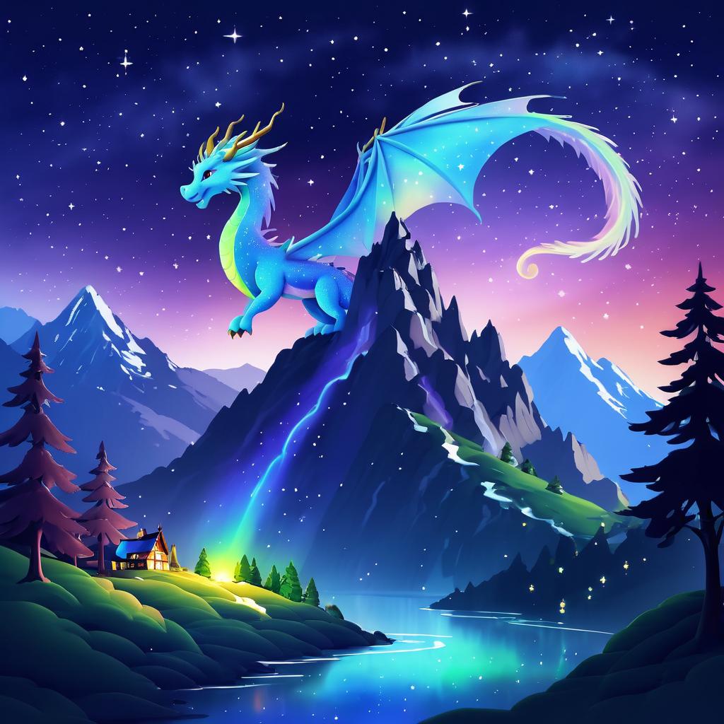 Whimsical Mythical Dragon in Starry Mountains