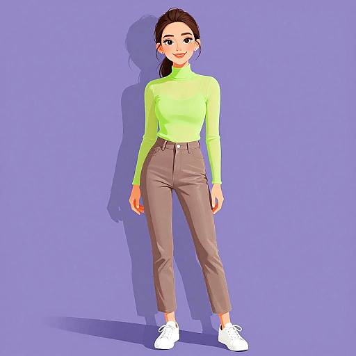 Digital illustration of a smiling woman with fair skin, dark hair in a ponytail, wearing a neon green turtleneck, high-waisted brown