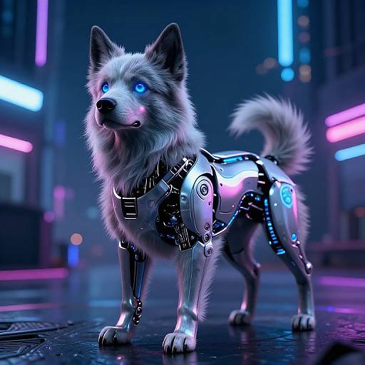 Cyberpunk CGI of a glowing blue-eyed, robotic-furred wolf with metallic legs and glowing neon accents, standing on a futuristic, neon-lit