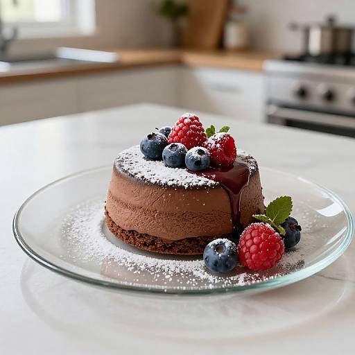 Photograph of a chocolate cake with two layers, topped with berries (blueberries, raspberries), chocolate drizzle, and powdered sugar, on a