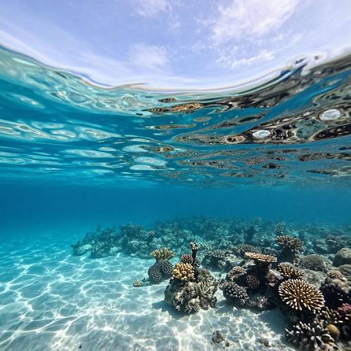 Underwater photograph of vibrant blue ocean, clear sunlight, and diverse coral reefs with textured, spiky corals, visible through rippling water surface.