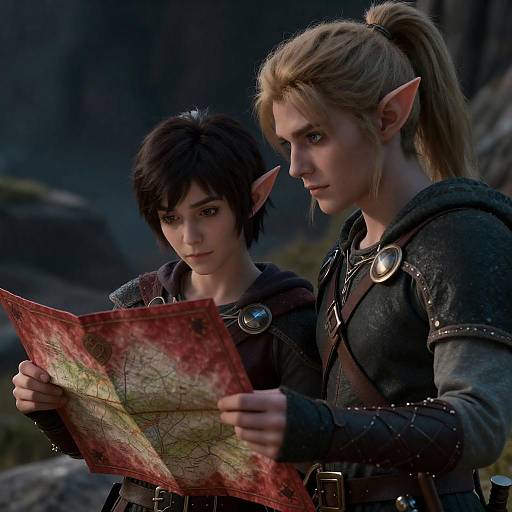 Two Elves with Map in Night Landscape