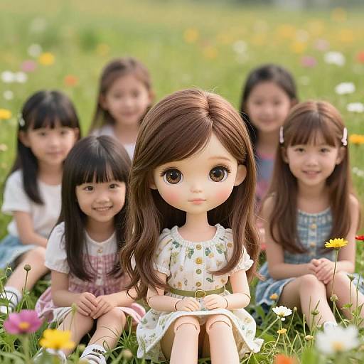 Girls Sitting in Flower Field