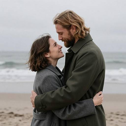 Photograph of a smiling couple, man with beard in dark coat, woman in gray coat, embracing on a foggy beach with waves.
