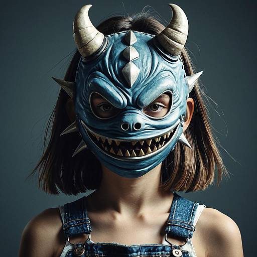 Girl Wearing Monster Mask and Denim Overalls